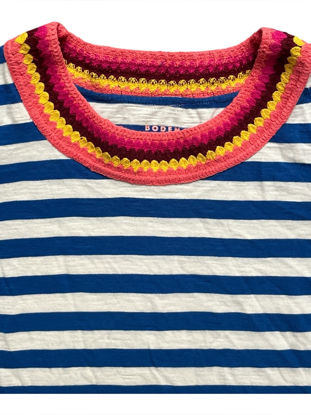 Boden Fae Cotton Blue Stripe Crochet Trim T-Shirt Women's Medium